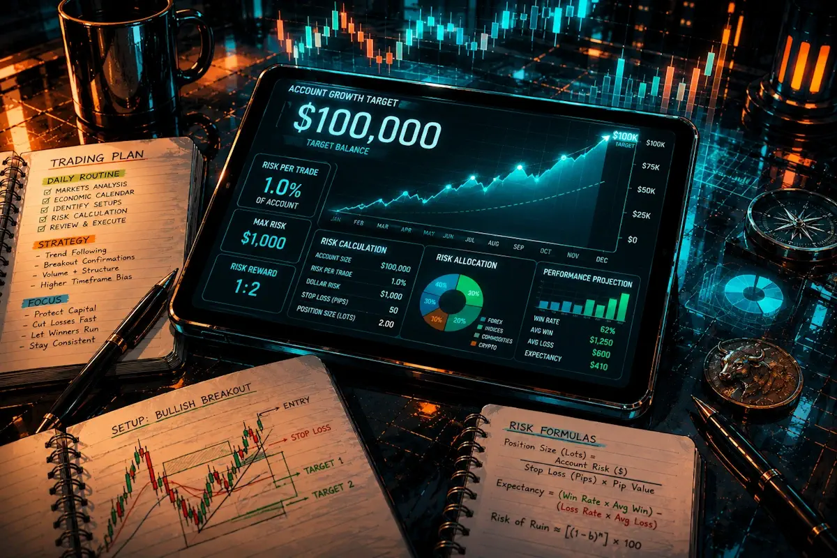 Futuristic trader's workspace with projections
