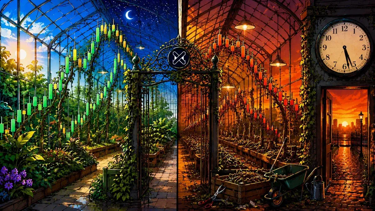 Split greenhouse with green and red candlestick vines