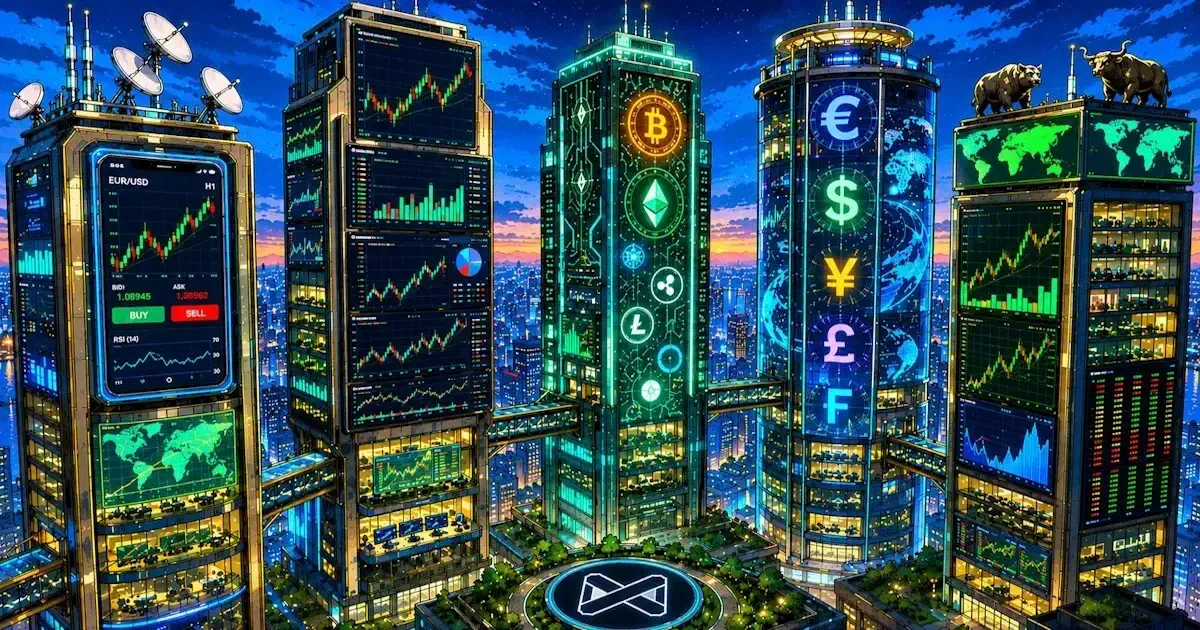 Futuristic trading skyscrapers showcasing forex, crypto, and market charts.