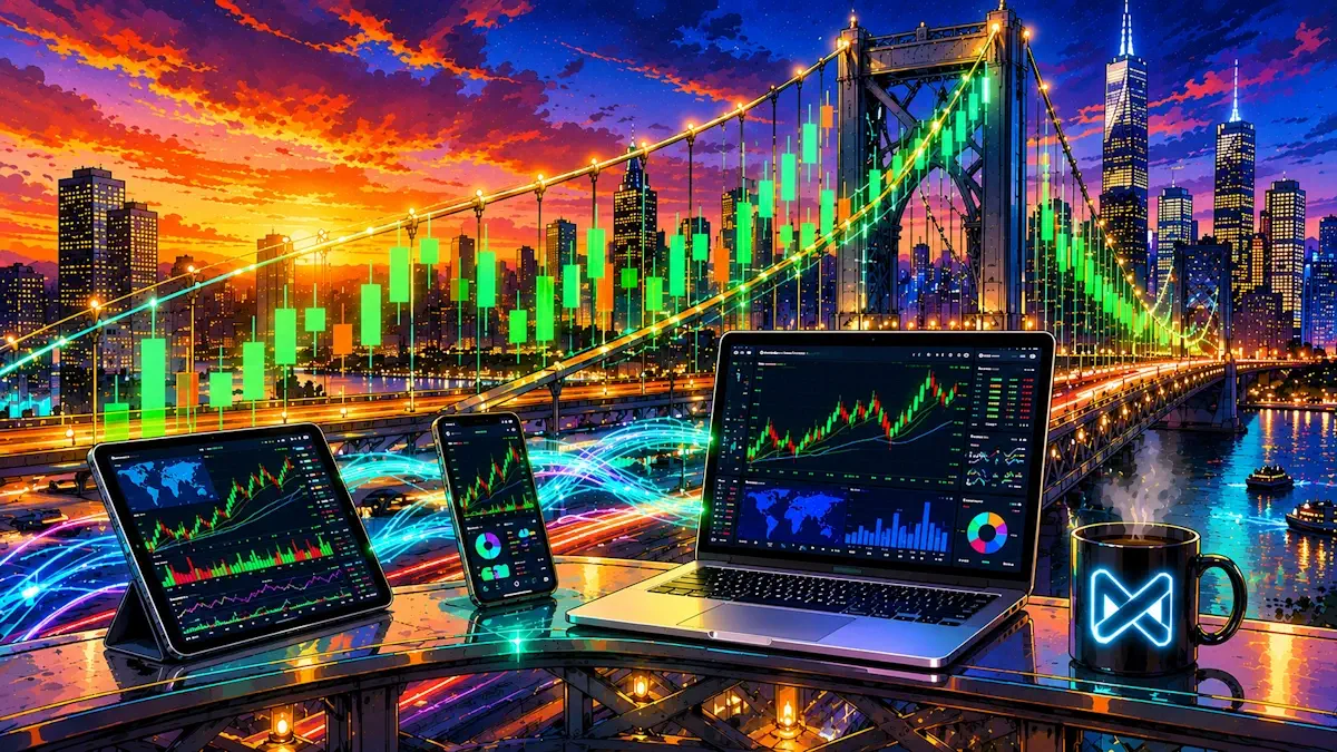 Bridge connecting synchronized trading devices with glowing market charts.