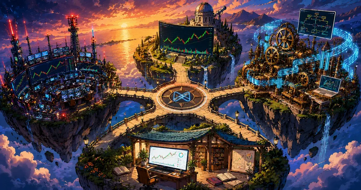 Four trading style islands connected by a central market hub.