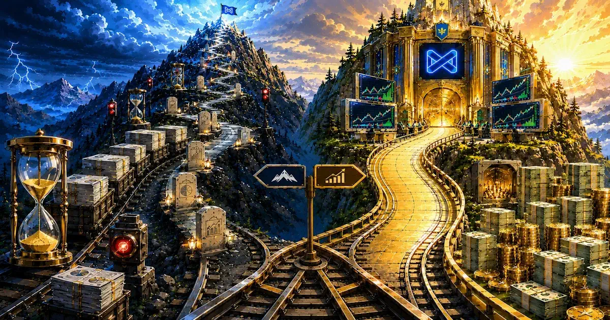Split railway showing evaluation path and instant funding route.