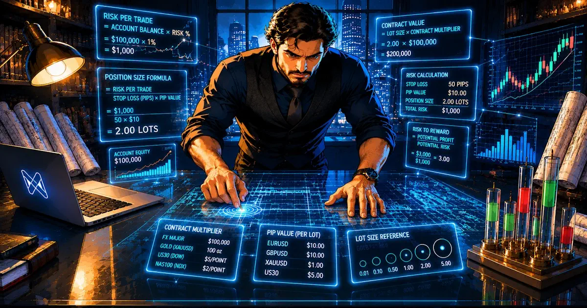 Trader calculating position size with financial blueprint workspace.